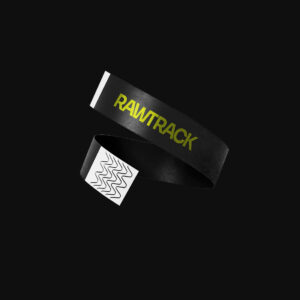 A black wristband with the words " rawtrack ".